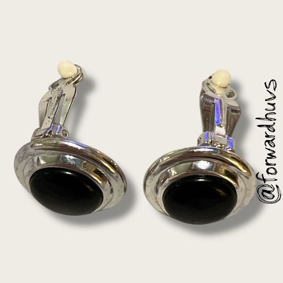 Vintage Silver Tone Clip-On Earrings – Black Accents - Picture 6 of 8